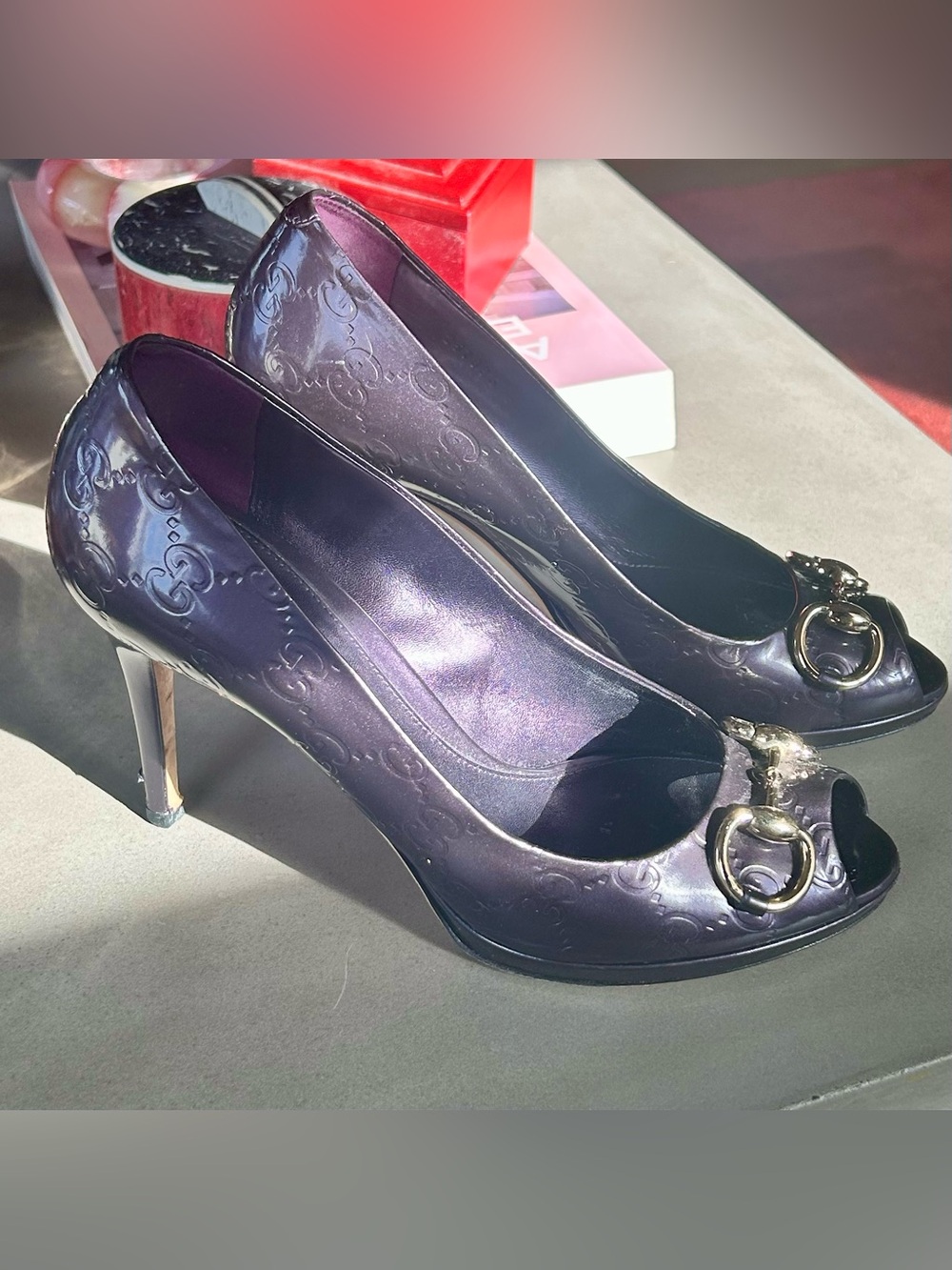 Gucci Horsebit Embossed Purple Patent Leather Peep-Toe Stiletto Pumps, sz 8